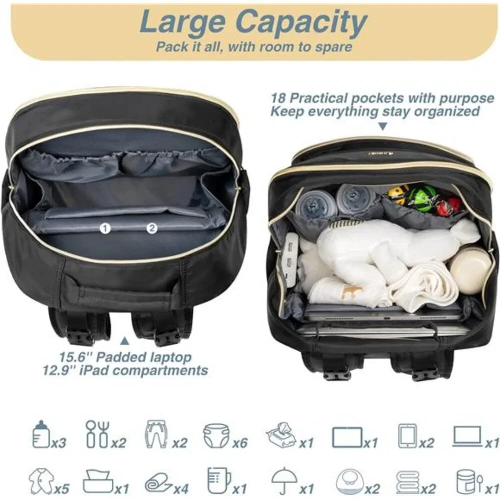 MOMUVO Diaper Bag Backpack, Quilted Baby Bag with Changing Pad & Stroller